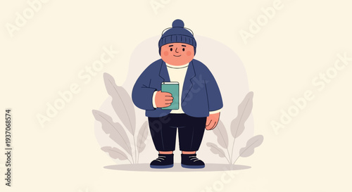 Person in winter clothing holding a phone, surrounded by minimalist plants