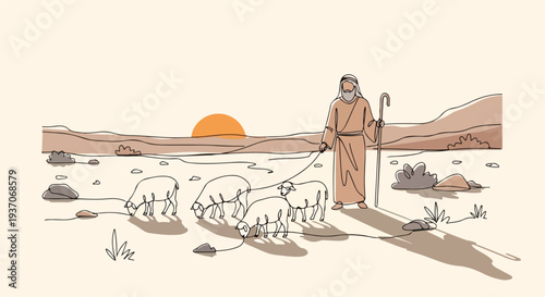 Scene from the Bible with Moses guiding sheep in desert landscape at sunset. Old Testament depiction shows Moses walking with flock of sheep near mountains and hills, creating a serene atmosphere.