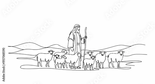Scene from the Bible depicting Moses with sheep in Old Testament landscape. Moses leads group of sheep across rolling hills in tranquil setting. Concept illustrates biblical narrative and teachings.