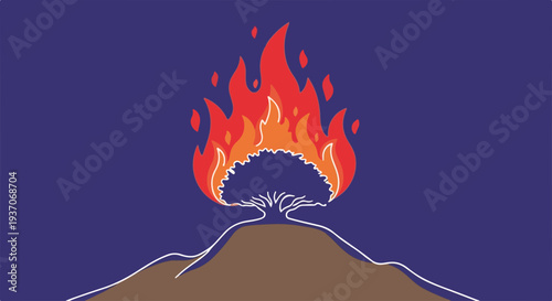 Burning bush illustration with vibrant flames and mountain silhouette. Burning bush represents spiritual significance and powerful symbolism in biblical stories.