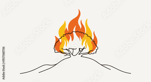 Abstract illustration of flames rising over hands forming a powerful connection, symbolizing passion and energy. This expressive image captures the essence of fire and its connection to human emotion.