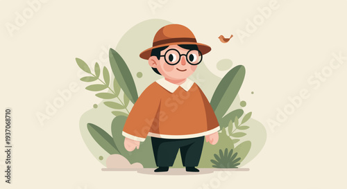 A child in a hat and glasses stands among stylized plants with a bird nearby