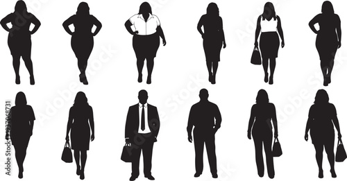 Collection of silhouetted people in various poses and attire, including business and casual wear, standing alone, on a plain white background