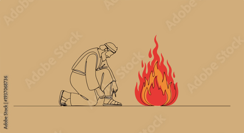 Scene from the Bible depicting Moses kneeling near a flame in Old Testament narrative. Moses engages with fire in a pivotal moment, highlighting the spiritual significance of this interaction.