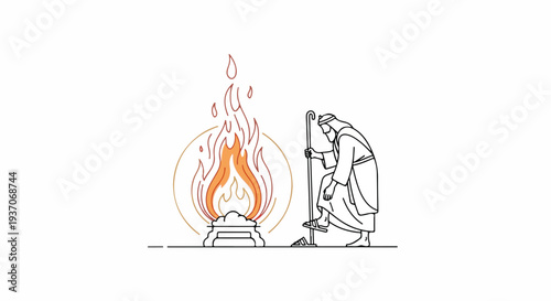 Scene from the Bible with Moses tending sacred fire, portraying ancient rituals and traditions from Old Testament era, showcasing reverence and spirituality in biblical context.