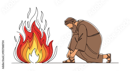 Scene from the Bible with Moses kneeling before a raging fire symbolizing devotion and faith. Old Testament depiction highlights Moses' humility in prayer amidst flames.