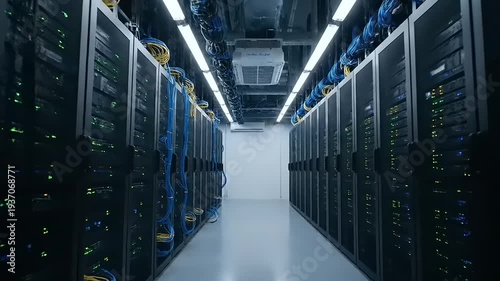 Data Center Server Room Corridor with Cables.