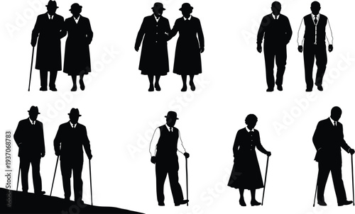 Set of black silhouettes representing elderly senior people walking with canes and standing isolated on white for community and aging design