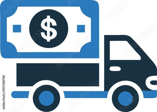 A stylized money truck carrying currency with a dollar sign is depicted neatly