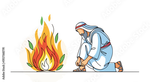 Scene from the Bible with Moses kneeling before burning bush surrounded by vibrant flames and leaves. Old Testament depiction shows Moses in prayerful posture near divine fire.