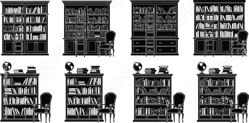 Black silhouette collection of classic library bookshelves and home offices with globes chairs and ladders isolated on white background.