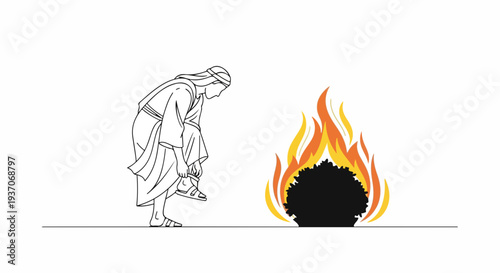 Scene from the Bible depicting Moses approaching burning bush in Old Testament narrative, illustrating divine calling and miraculous encounter.