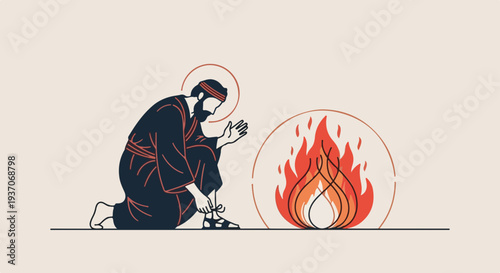 Scene from the Bible with Moses kneeling by holy fire and praying for guidance. Old Testament illustration depicts Moses’ devotion and spiritual connection. Concept of faith and biblical scenes.