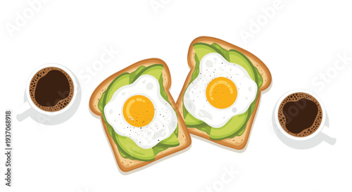 Two avocado toasts with fried eggs and two cups of black coffee are arranged on a light surface.