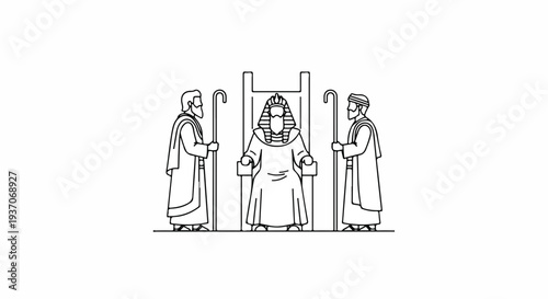 Scene from the Bible depicting Moses with two followers in the Old Testament. Moses stands at the center, holding a staff, with followers on either side,