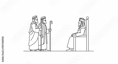 Scene from the Bible with Moses confronting the king in the Old Testament. Moses stands confidently before the throne, holding a staff, while the king listens attentively to his message.