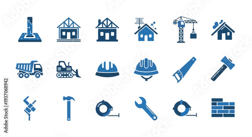 A comprehensive set of blue and dark blue icons representing various aspects of construction, including buildings, machinery, tools, and materials.