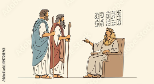 Scene from the Bible with Moses and Israelites discussing scripture. Old Testament narrative shows Moses communicating divine guidance with attentive listeners.