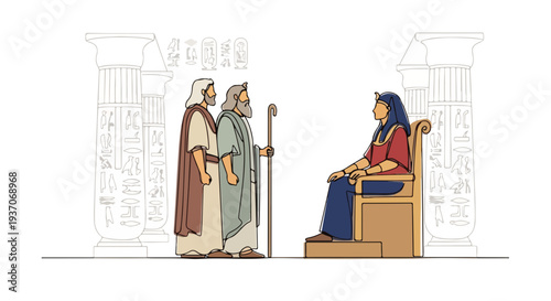 Scene from the Bible depicting Moses speaking to Pharaoh in ancient Egypt. Old Testament story illustrates Moses confronting Pharaoh with a staff in hand and Pharaoh seated on a throne.