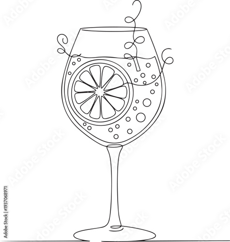 Refreshing Aperol spritz cocktail glass with orange slice in continuous one line drawing. Summer alcohol beverage in simple linear style. Bar drink menu in editable stroke. Doodle oneline vector art.