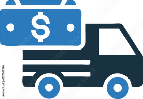 Blue cargo truck carries a block of currency money on a white background
