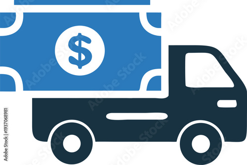 A dark blue delivery truck carries a blue banknote bearing the dollar symbol