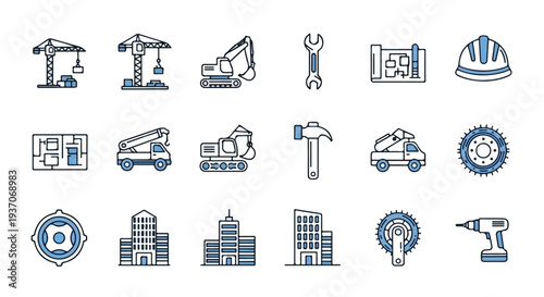 A vector collection of minimalist blue and black line icons featuring construction equipment, building plans, tools, and various structures.