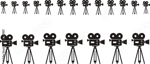 Set of vintage movie camera silhouettes on tripods isolated on white background for cinema film production and video industry design