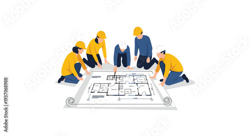 Five construction workers in hard hats kneel around a large blueprint on a white surface.