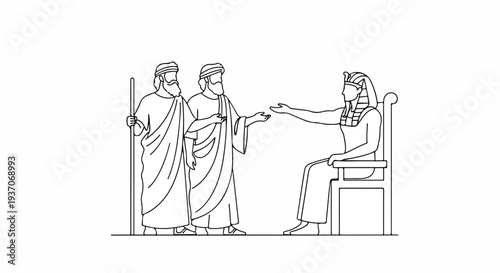 Scene from the Bible with Moses and Pharaoh meeting, Moses delivering message while Pharaoh listens intently, Old Testament depicts historic encounter. Scene from the Bible for educational resources.