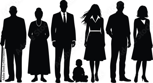 Set of black silhouettes representing a diverse multi-generation family including grandparents parents and a child isolated on white for community design