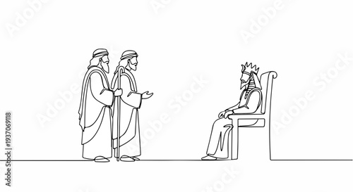 Scene from the Bible with Moses and two men before a king in discussion. Scene emphasizes biblical storytelling with important figures engaged in dialogue.
