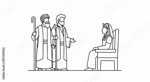 Scene from the Bible with Moses speaking to Pharaoh and Queen in Old Testament setting. Biblical narrative includes interaction between Moses and Pharaoh as they discuss matters of faith and freedom.