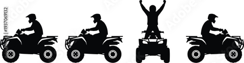Vector set of black ATV quad bike silhouettes with riders in various action poses and celebration isolated on white