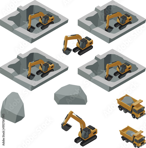 Isometric mining excavation vector illustration with excavators digging quarry, dump trucks transporting rocks and heavy construction equipment