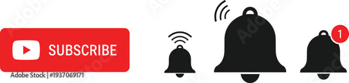 Set of social media notification icons featuring a red subscribe button and black notification bell symbols with alerts and counters.