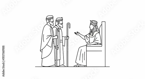 Scene from the Bible with Moses and elders speaking to queen. Old Testament story features Moses, elders, and queen in discussion. Concept biblical narrative for religious education and storytelling.