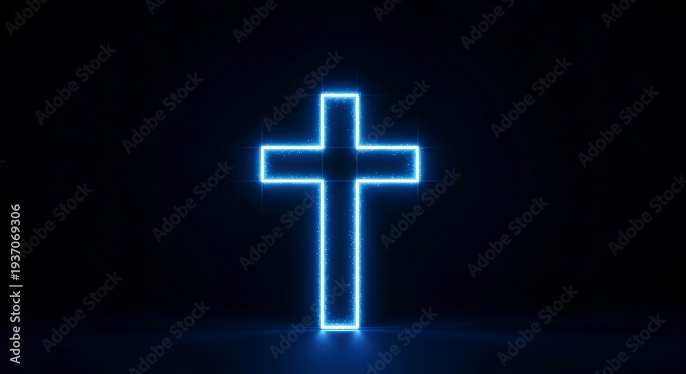 Obraz premium Neon blue cross symbol glowing against a dark background for religious concepts
