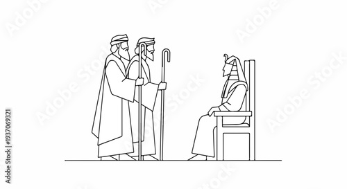 Scene from the Bible with Moses and Israelite leaders before Pharaoh. Old Testament story involves two leaders speaking to great authority seated on a throne.