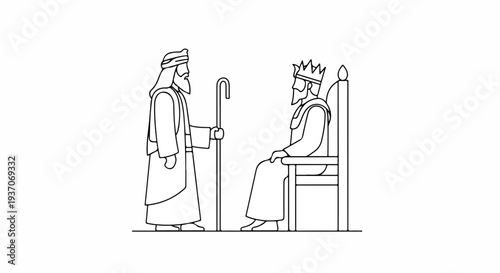 Scene from the Bible with Moses standing before king on throne, Moses depicted as shepherd with staff while king listens in regal attire.