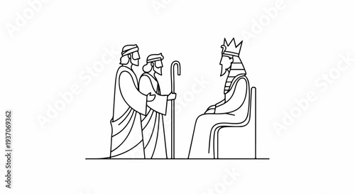 Scene from the Bible showing Moses conversing with a king, depicting old testament narrative with detailed characters and interactions in a minimalist illustration format,