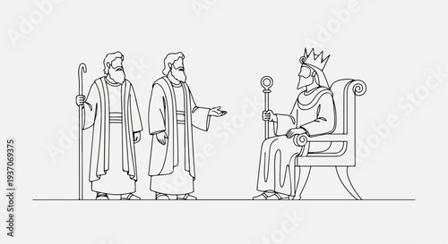 Scene from the bible with Moses speaking to king in old testament illustration. Moses engages with king while another figure stands beside him during biblical event.