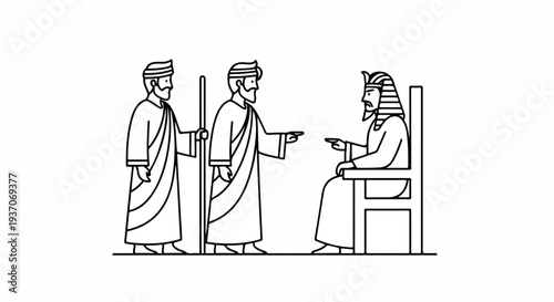Scene from the Bible with Moses confronting Pharaoh in Old Testament narrative. Biblical event showcases Moses and brother Aaron gesturing towards Pharaoh seated on throne.