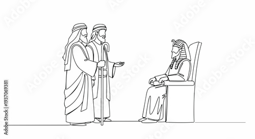Scene from the Bible with Moses speaking to Pharaoh in the Old Testament. Biblical scene features Moses and Aaron before Pharaoh, conveying an important message of deliverance.