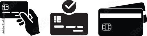 Black silhouette icons depicting credit cards a hand and a checkmark