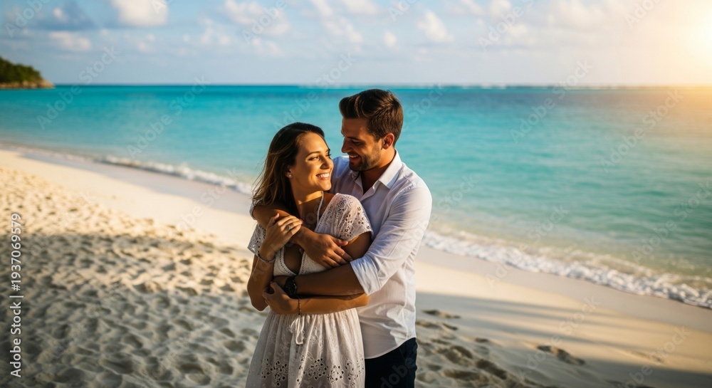 Fototapeta premium Affectionate Couple Embracing on Sandy Beach with Blue Ocean Backdrop