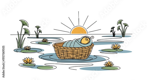 Scene from the Bible with Moses in basket floating on water lilies at sunrise. Old Testament setting includes woven basket with infant nestled inside surrounded by tranquil water and lush plants.