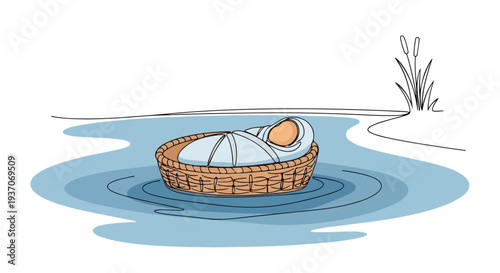 Scene from the Bible featuring baby Moses in basket floating on river. Old Testament story depicts Moses cradled in woven basket on calm water, symbolizing hope and faith.