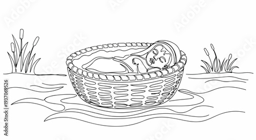 Scene from the Bible with baby Moses in woven basket floating on river. Old Testament story represents key moment in Moses' life surrounded by reeds and calming water.