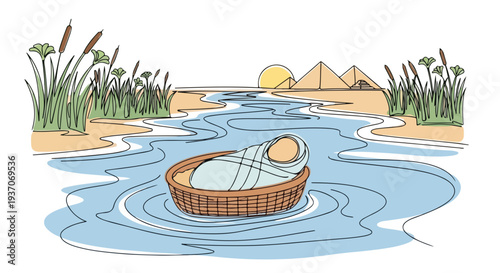 Scene from the Bible with Moses in basket floating on river with pyramids in background. Old Testament illustration of Moses in woven basket representing hope and faith.